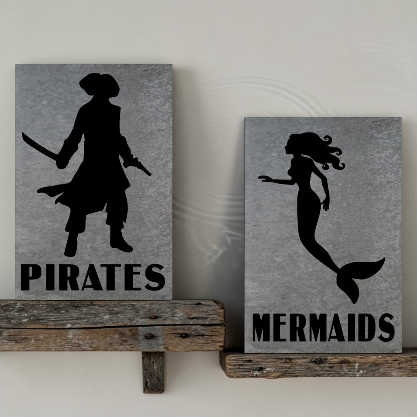 Pirates bathroom metal sign
Mermaids bathroom metal sign
Nautical barn metal restroom set
Hand-painted coastal washroom signs
Rustic marina bathroom decor set