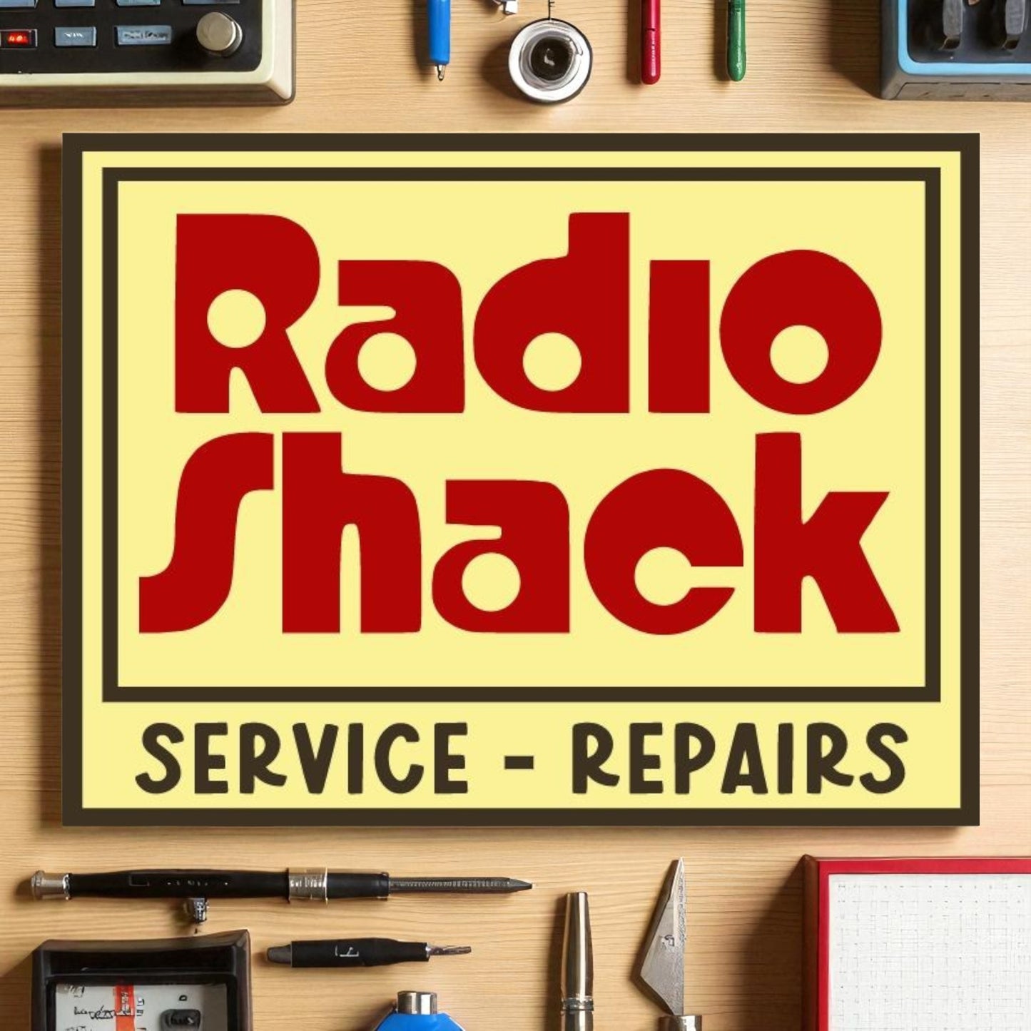 Radio Shack sign on a wooden surface with tools