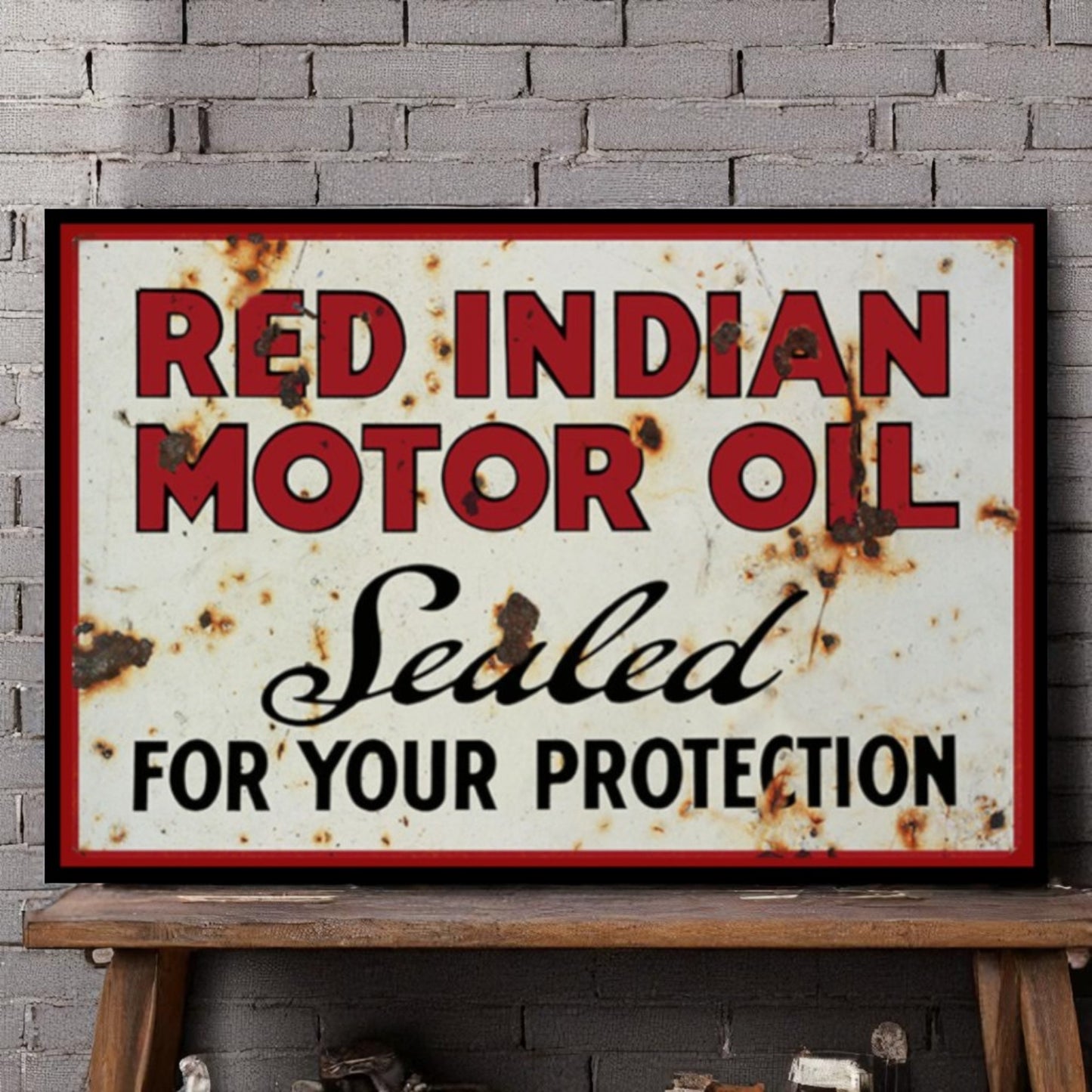 Red Indian Motor Oil Sign – “Sealed for Your Protection” – Hand-Produced Metal Sign