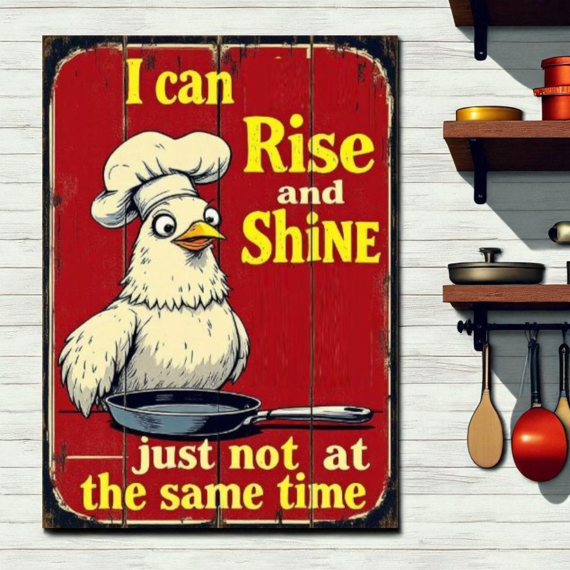 Vintage-style sign with a cartoon chicken holding a frying pan and text 'I can Rise and Shine just not at the same time' on a red background.