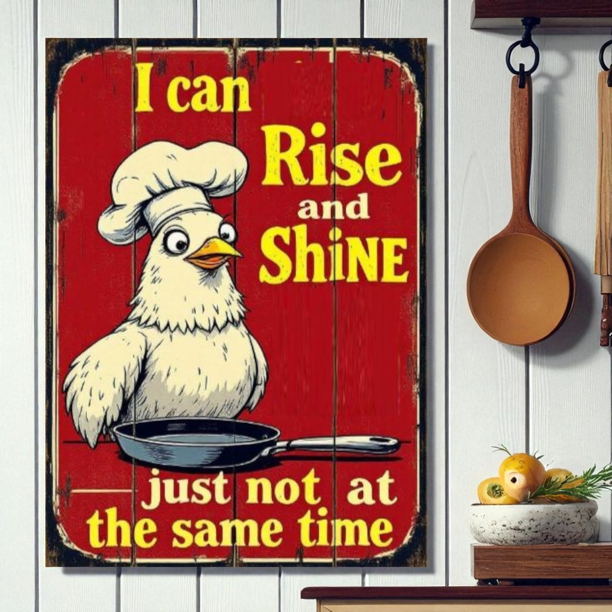 Vintage-style sign with a cartoon chicken in a chef's hat holding a frying pan, with text 'I can Rise and Shine just not at the same time' on a red background. Hanging wooden spoon and kitchen decor in the background.