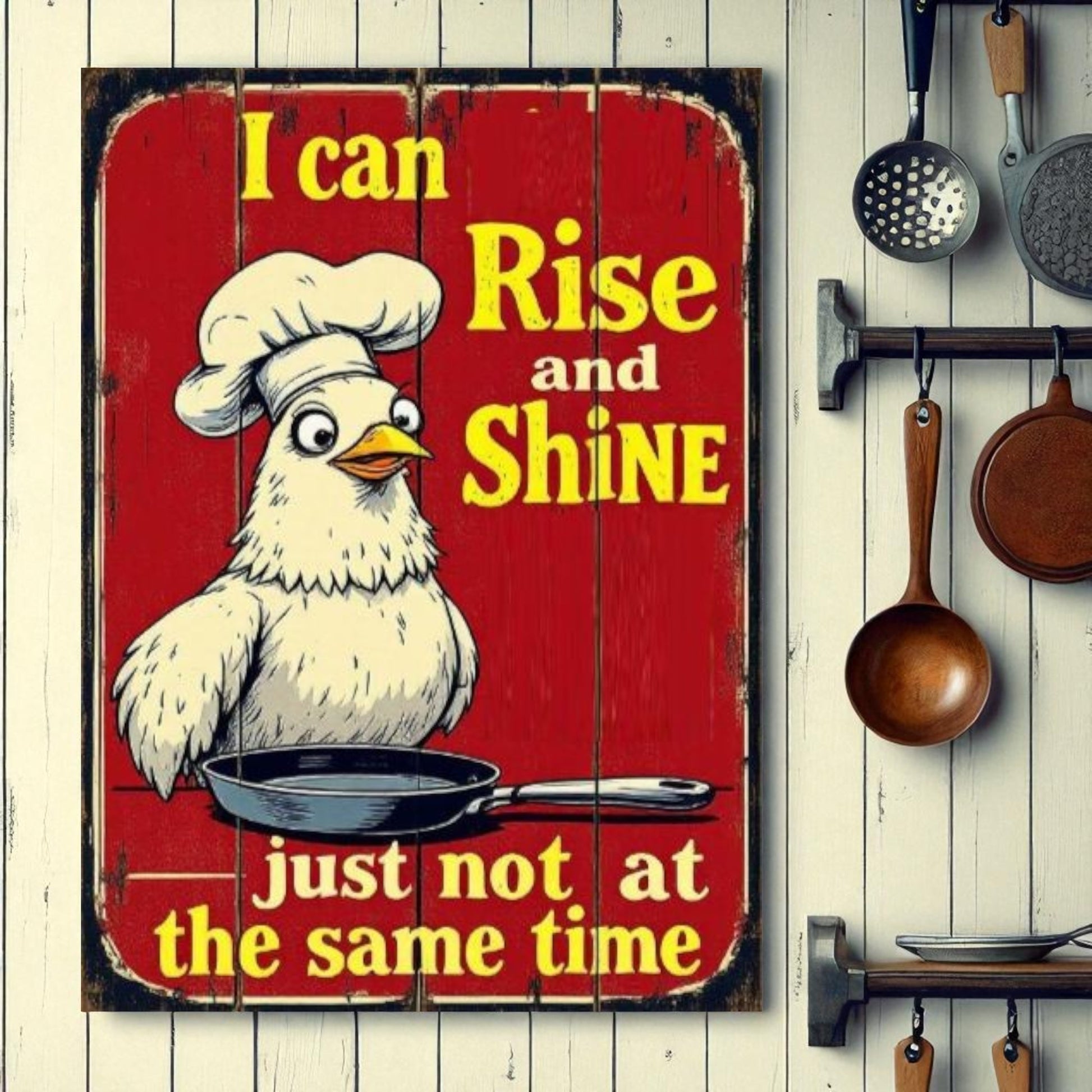 Vintage-style sign with a cartoon chicken chef and humorous text on a wooden wall with kitchen utensils.