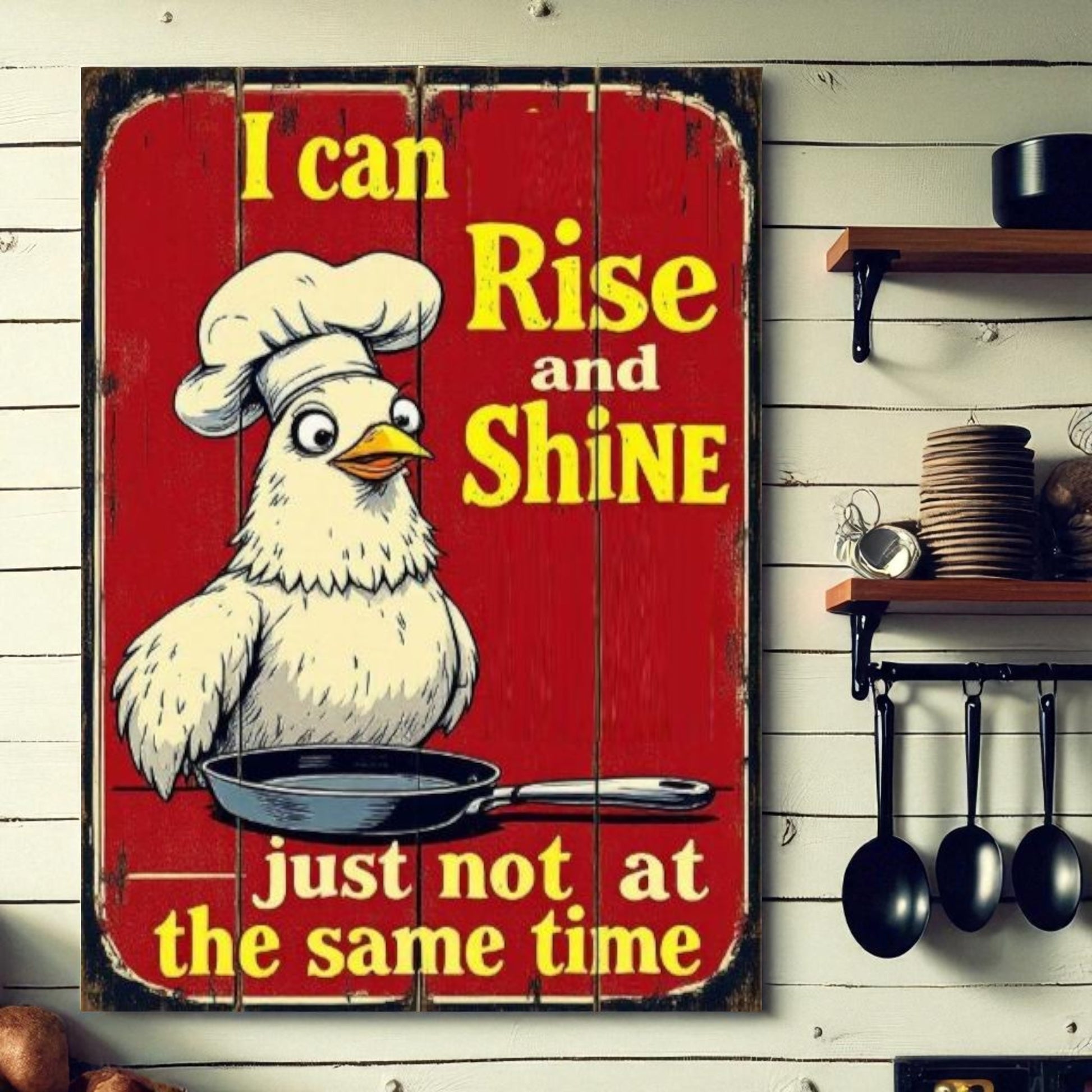 Vintage-style sign with a cartoon chicken in a chef's hat holding a frying pan, with text 'I can Rise and Shine just not at the same time' on a wooden background.