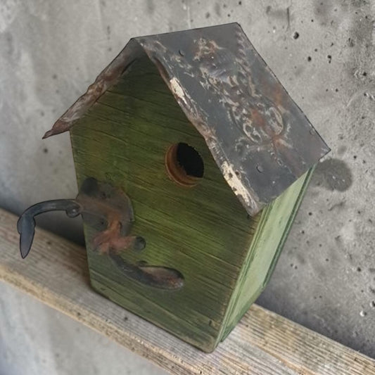 Rustic Reclaimed Birdhouse Tin Roof Cast Iron Perch