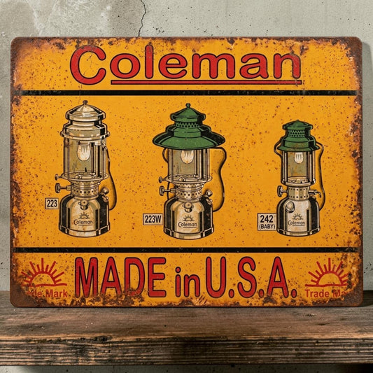Rustic handmade Coleman Made in USA aluminum sign featuring three weathered Coleman lanterns.