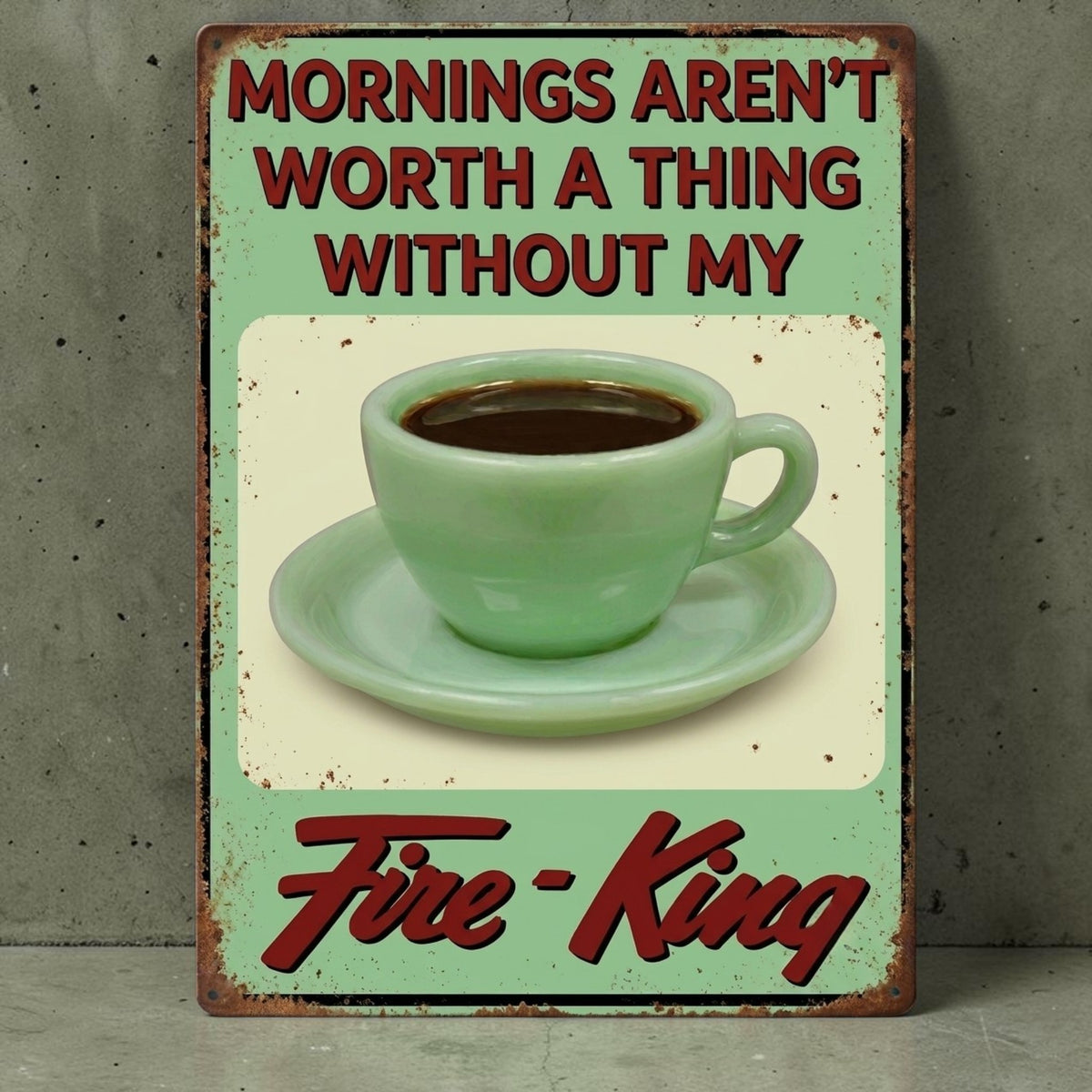 Retro Fire-King jadeite mug kitchen sign with nostalgic coffee message.