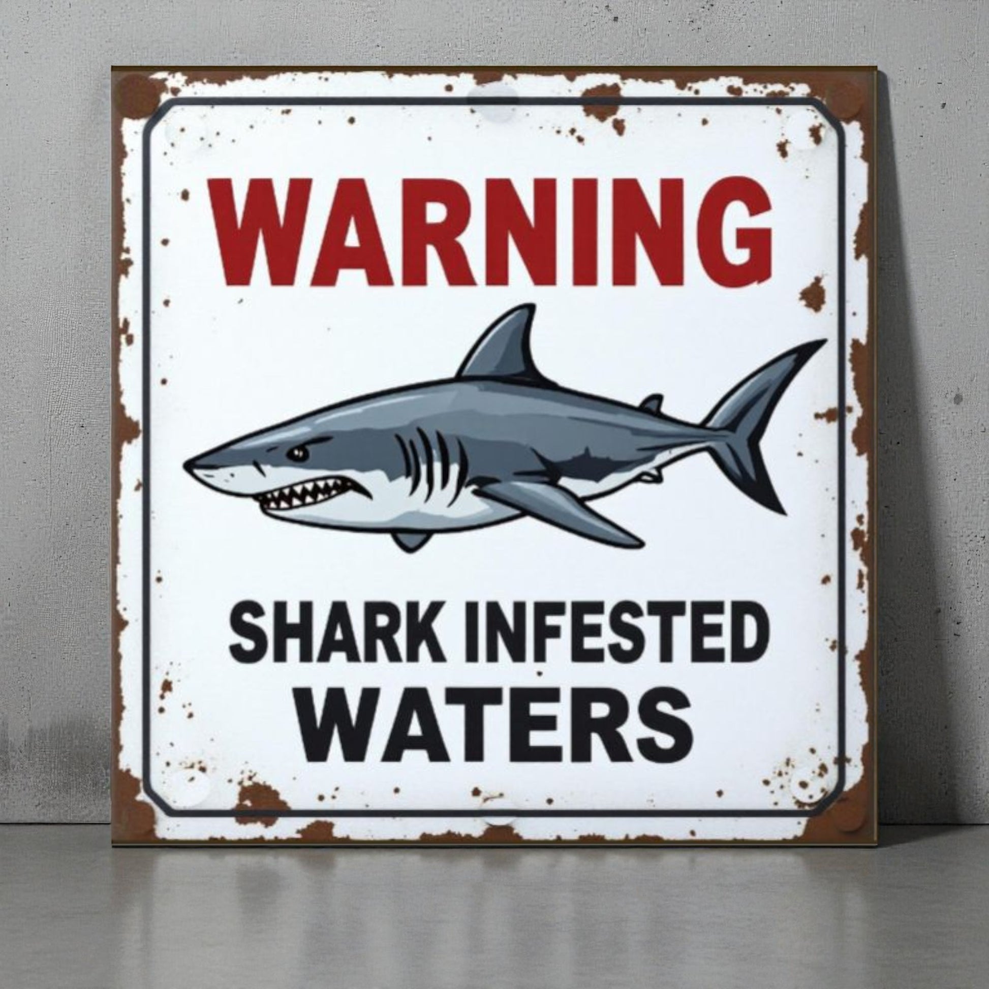 Vintage-style sign with a shark illustration and text 'WARNING: Shark Infested Waters' on a gray background.