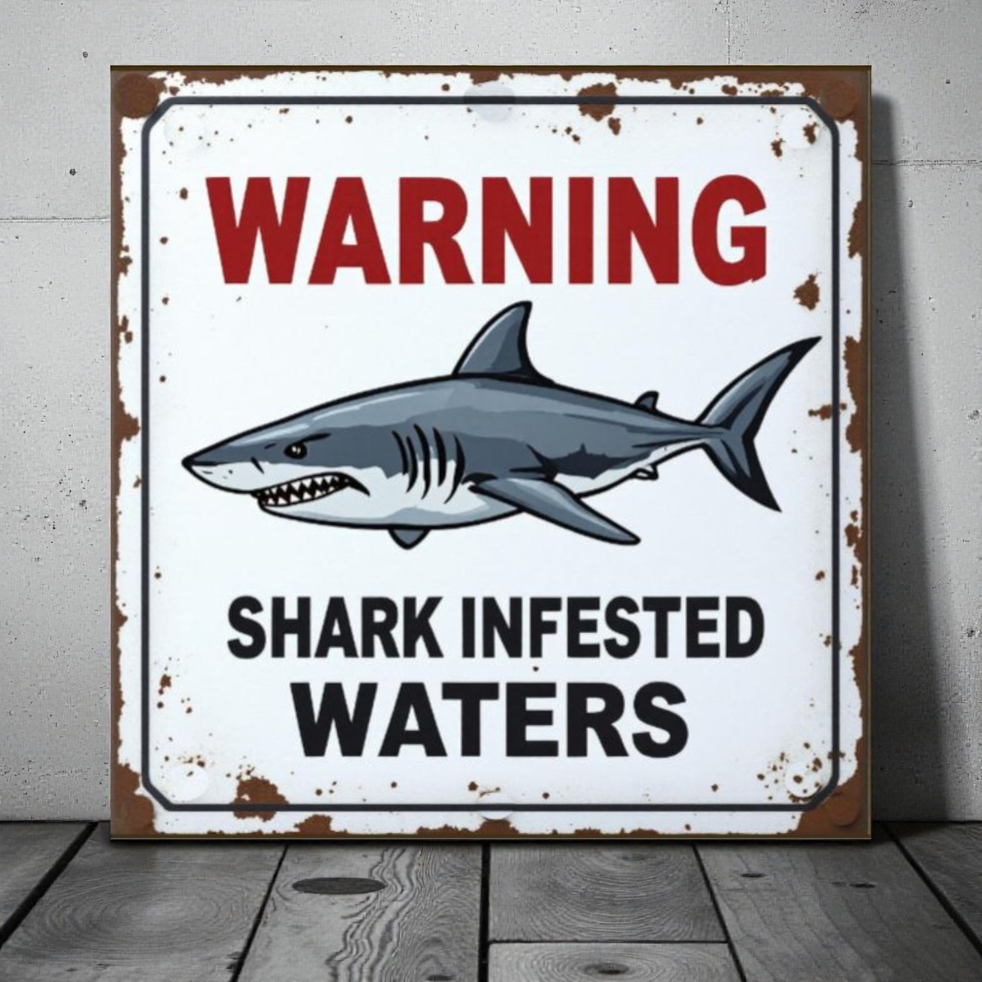 Vintage-style sign with a shark illustration and text 'WARNING: Shark Infested Waters' on a wooden floor.