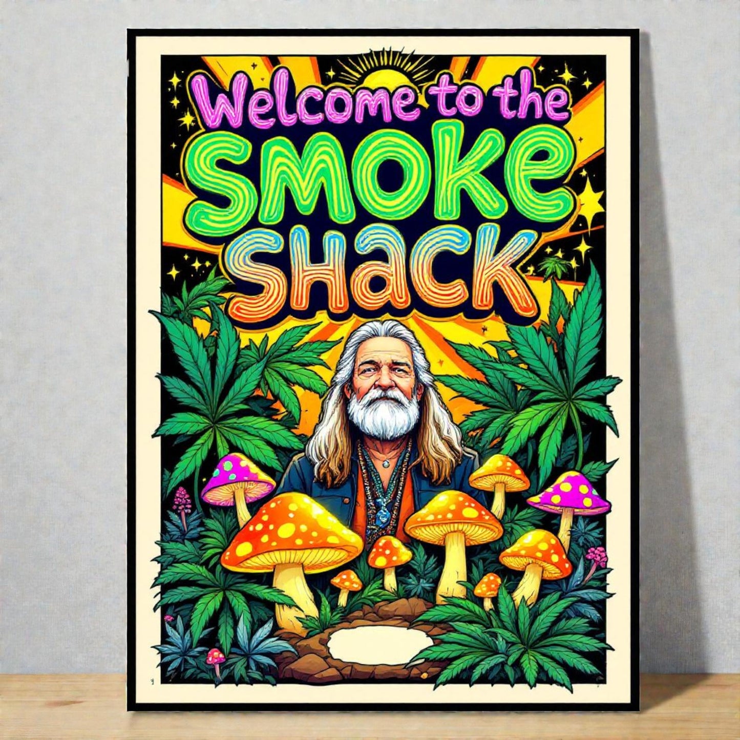 Poster with 'Welcome to the Smoke Shack' text, mushrooms, and cannabis leaves on a gray wall.