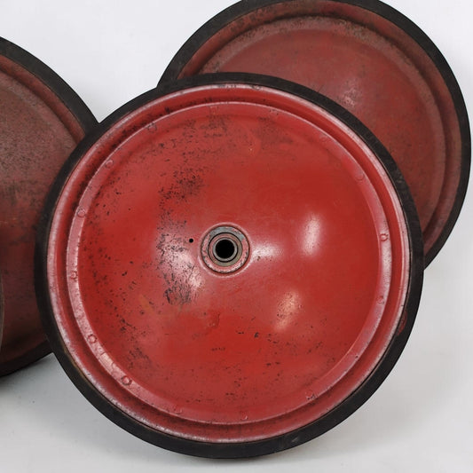 Authentic vintage Soap Box Derby wheels with original embossed official rubber tires.