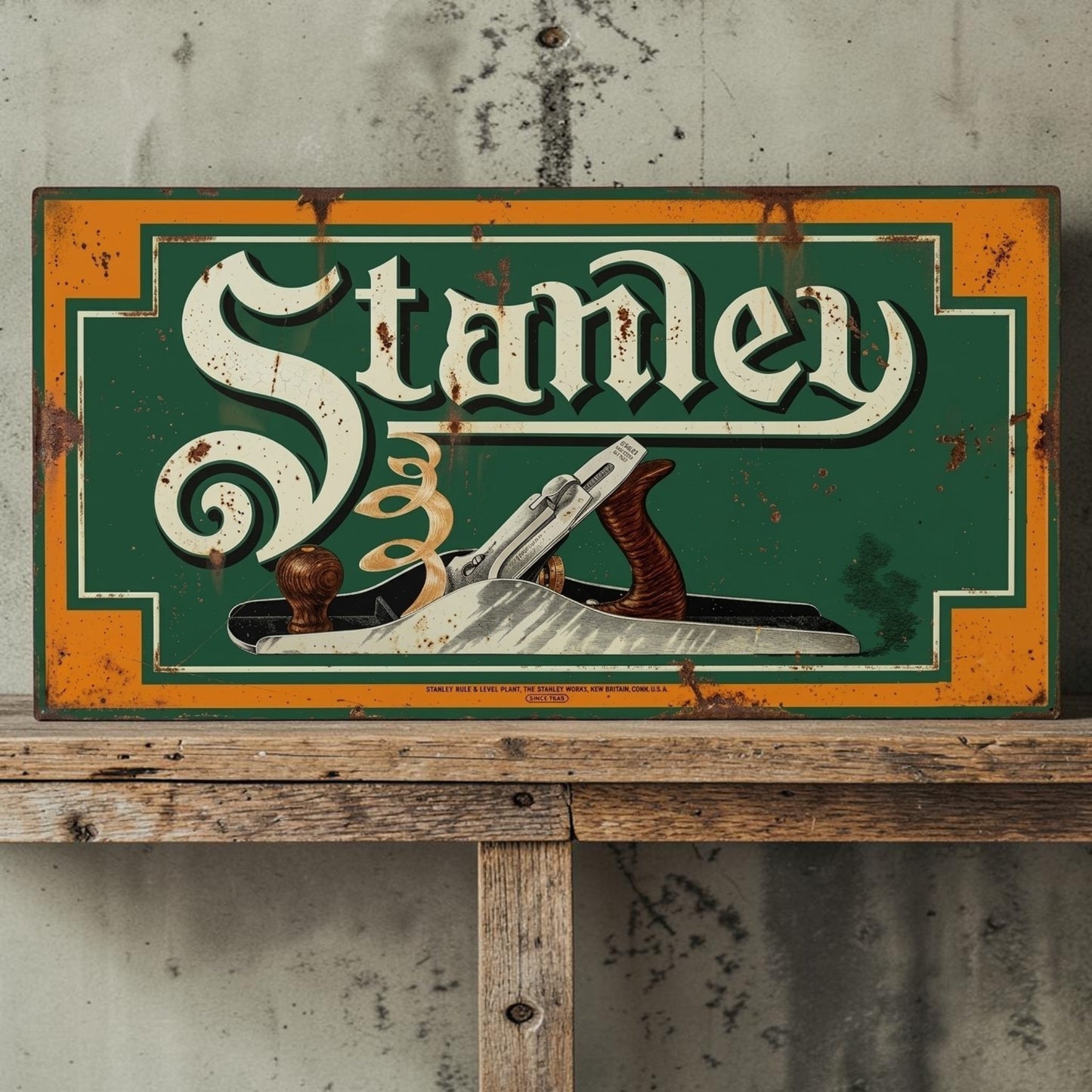 Rustic retro Stanley Wood Planes aluminum sign for woodworking shop decor.
