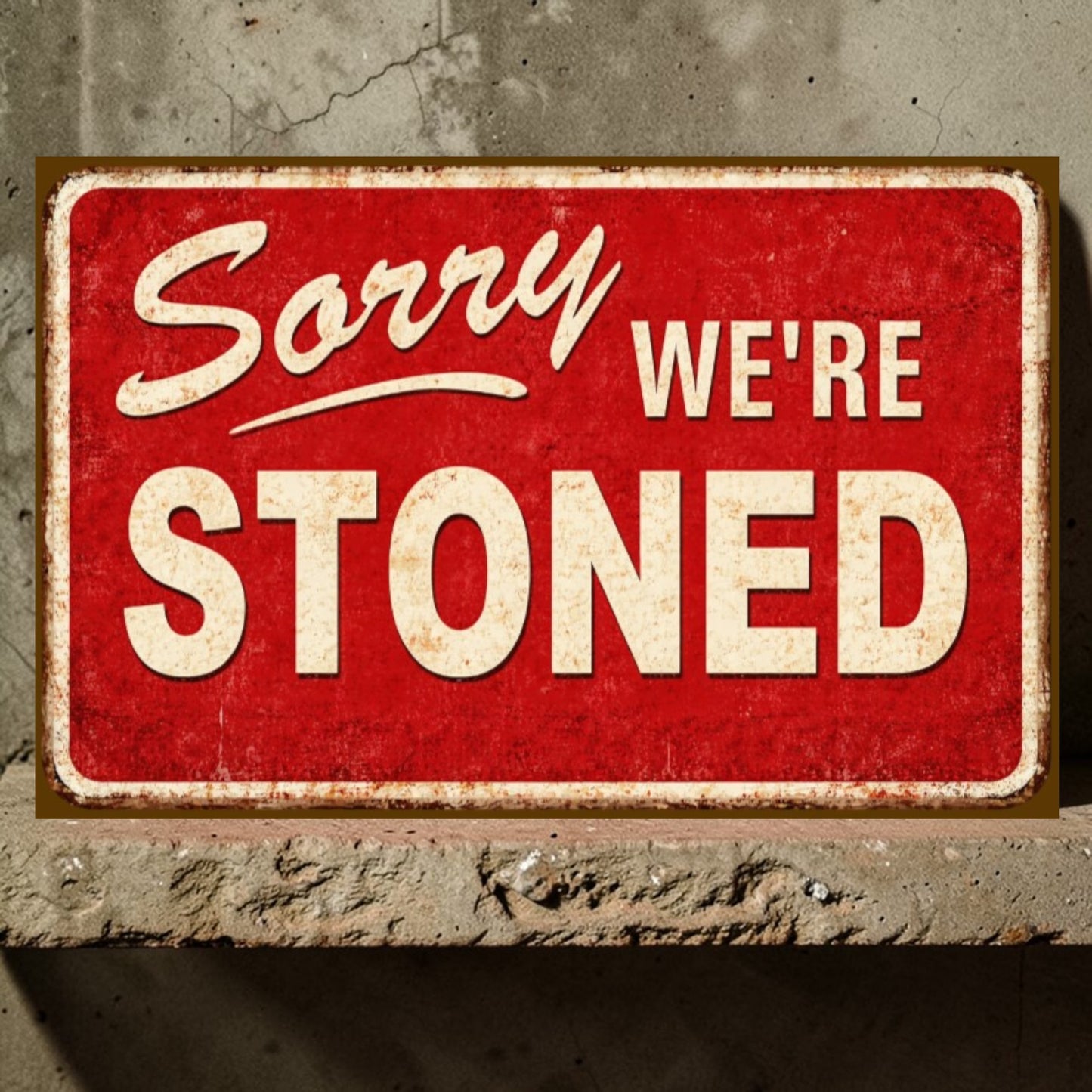Red sign with 'Sorry WE'RE STONED' text on a textured wall background