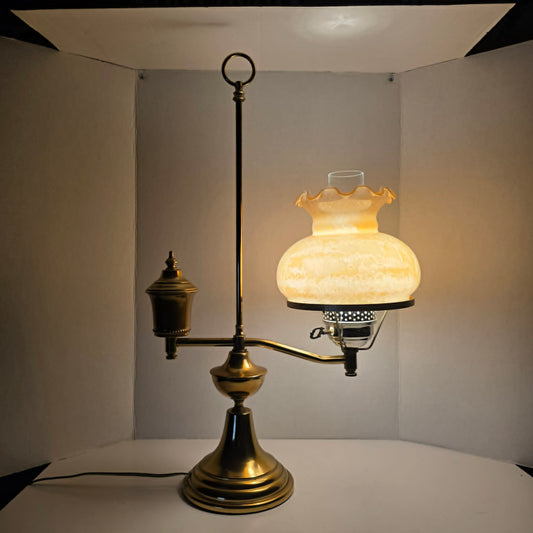 Vintage brass student lamp with hurricane-style shade, 25 inches tall.