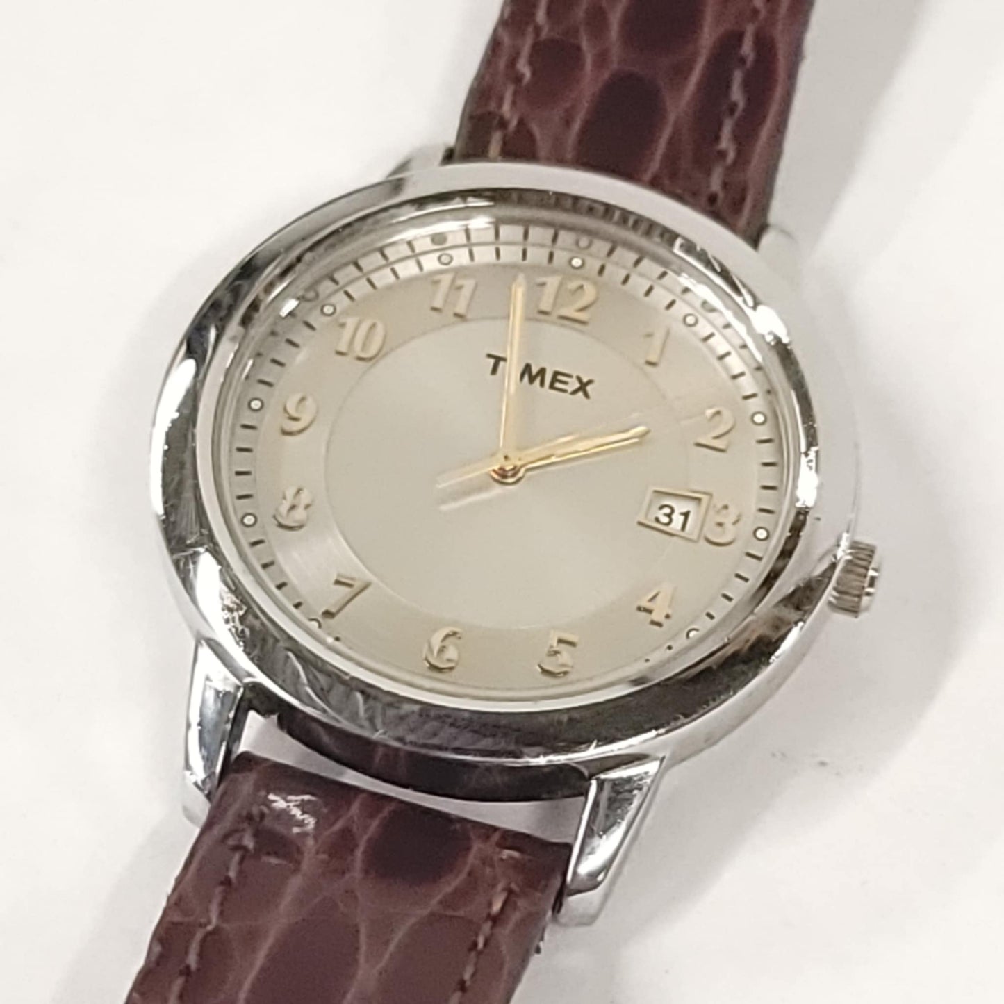 Timex Men’s Silver & Gold Indiglo Watch with Lizard Leather Band – 37mm Case