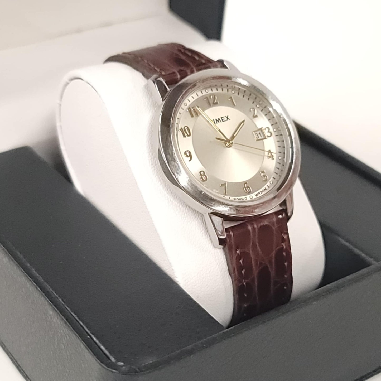 Timex Men’s Silver & Gold Indiglo Watch with Lizard Leather Band – 37mm Case
