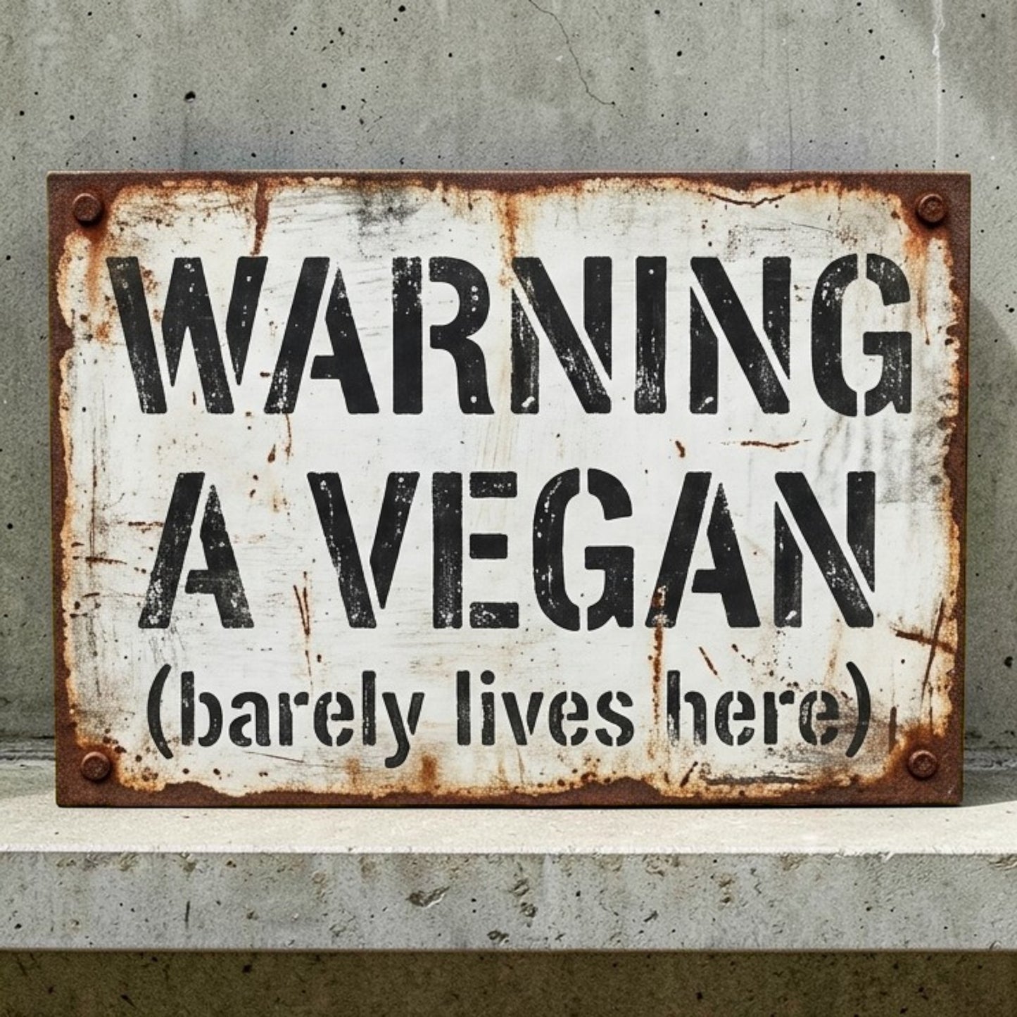 Rustic metal sign with text 'Warning: A Vegan (barely lives here)' on a concrete wall.