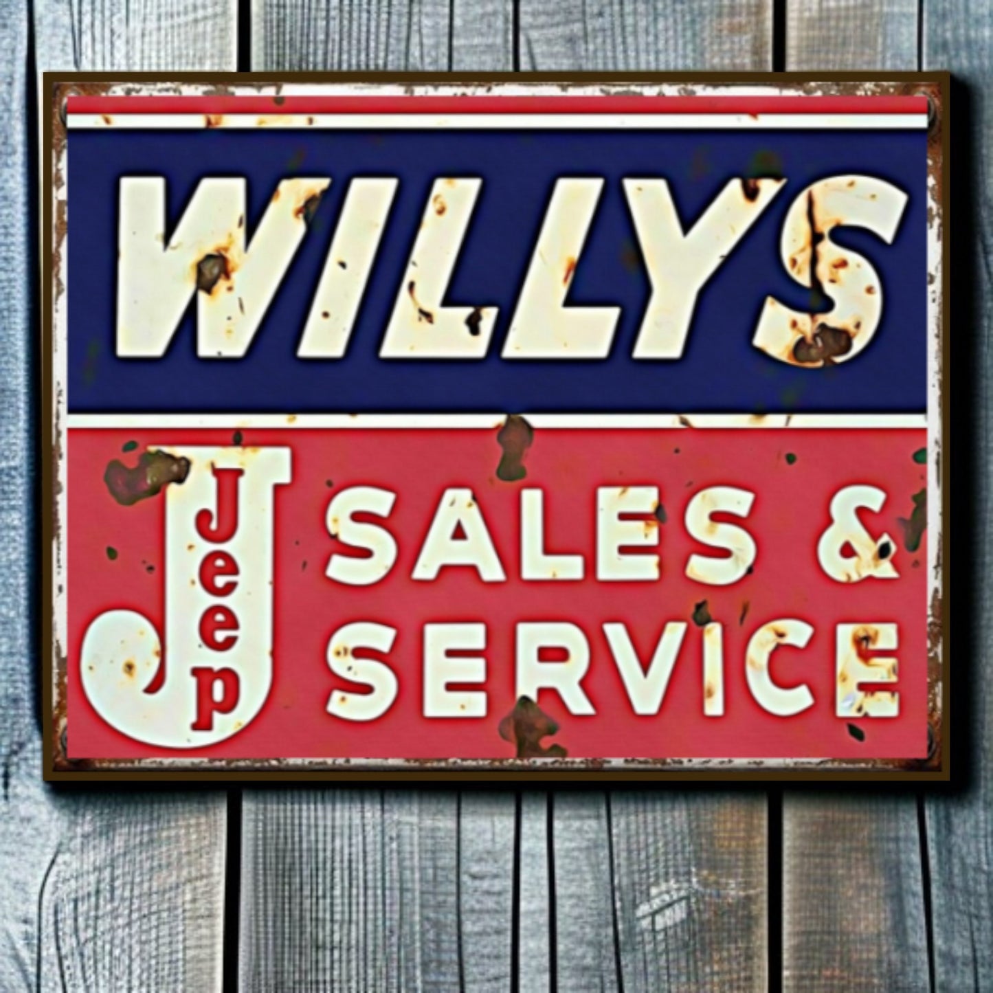 Vintage-style 'Willys Jeep Sales & Service' sign with rust and wear on a wooden background
