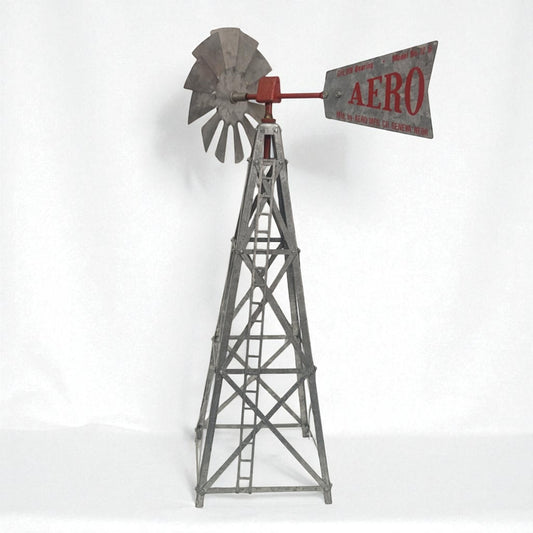 Model windmill with 'Aero' sign on a white background