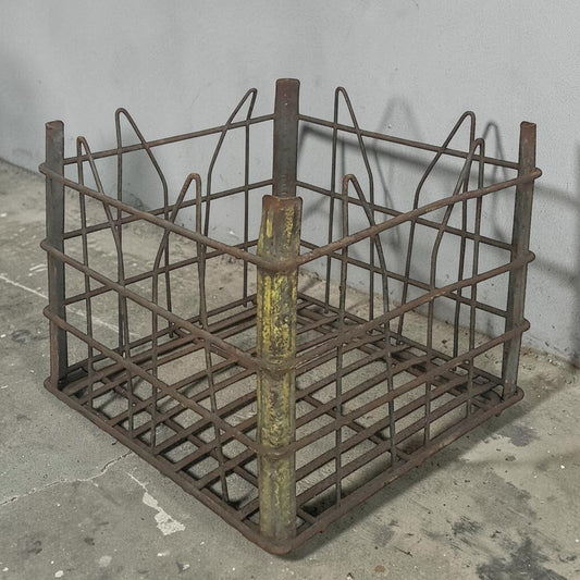 antique wire milk crate with beautiful primitive industrial character and aged patina.