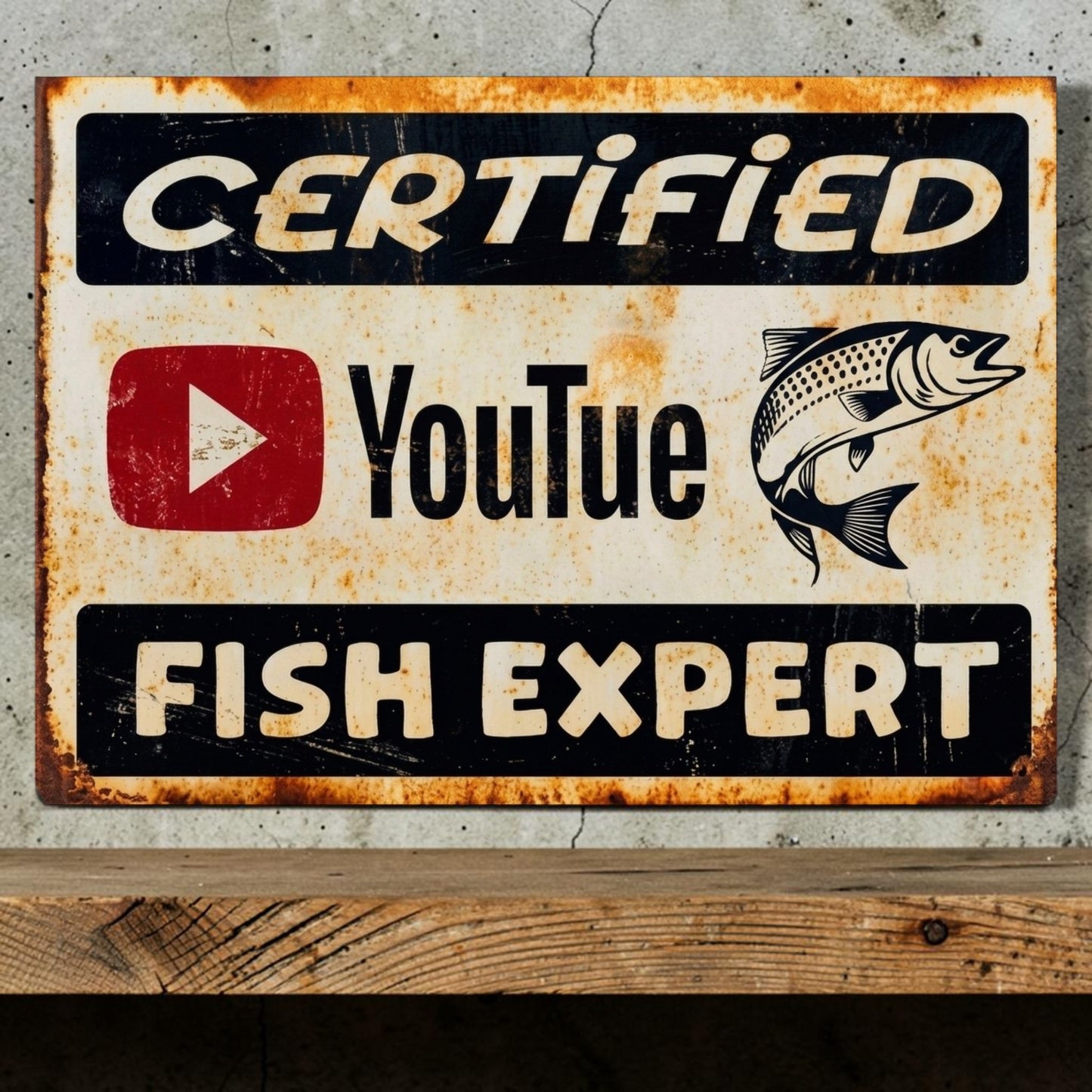 Rustic Certified YouTube Fish Expert sign for fishing, hunting lodge and man cave decor.