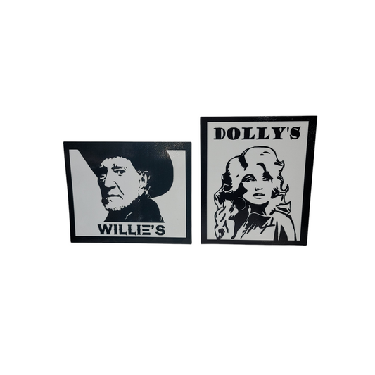 willie and dolly bathroom restroom sign country & western
