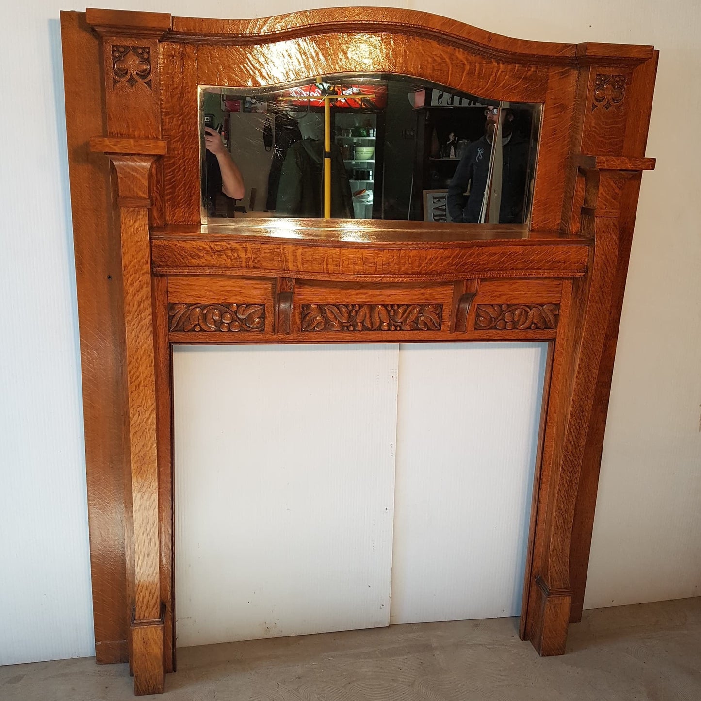 Oak Fireplace Mantle Antique 1/4 Sawn With Bevelled Mirror Arts And Crafts