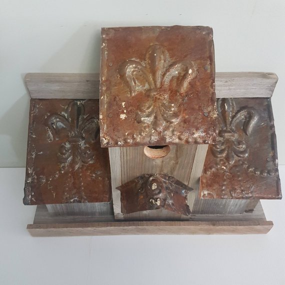 rustic birdhouse hand built fleur de lys tin roof
