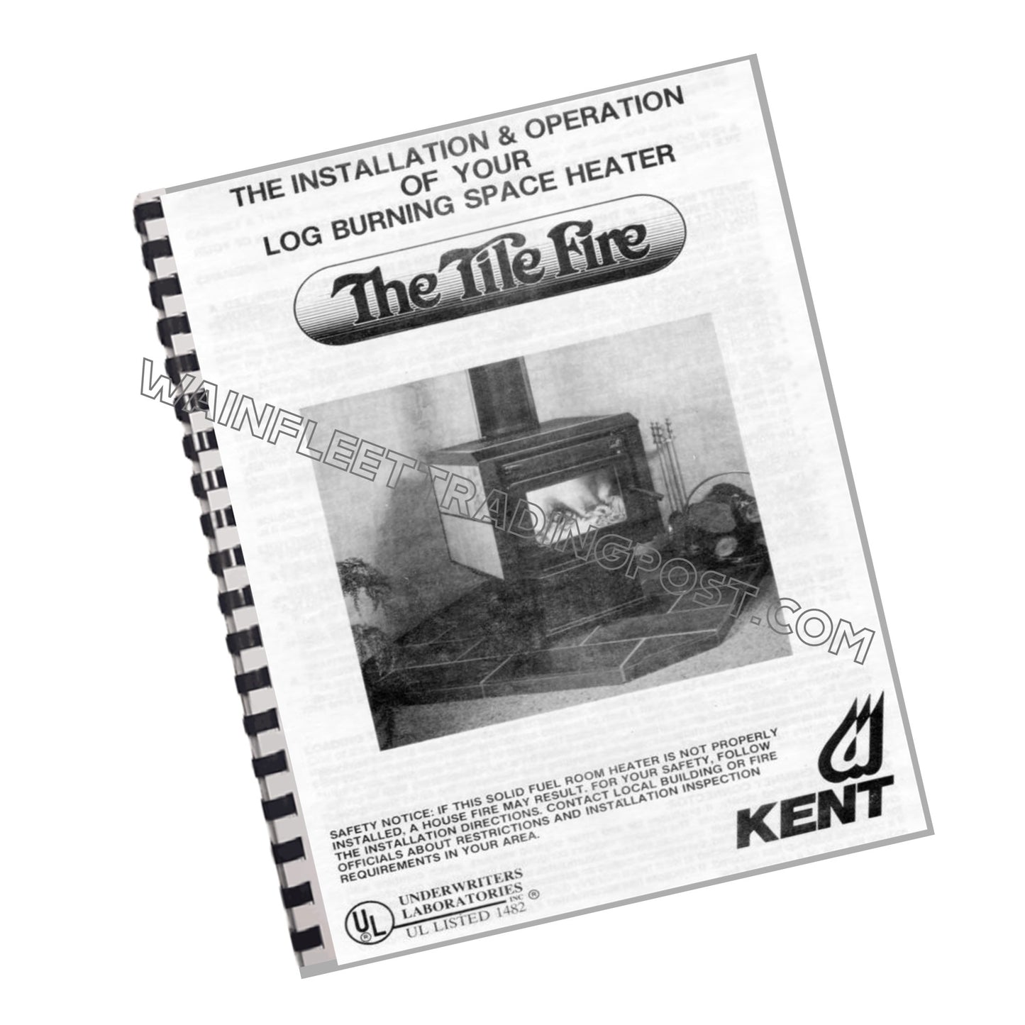 The image shows a Kent Tile Fire Wood Stove with a manual placed in front of it.