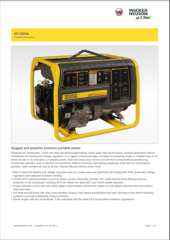 wacker neuson gp 5600a backup gasoline generator