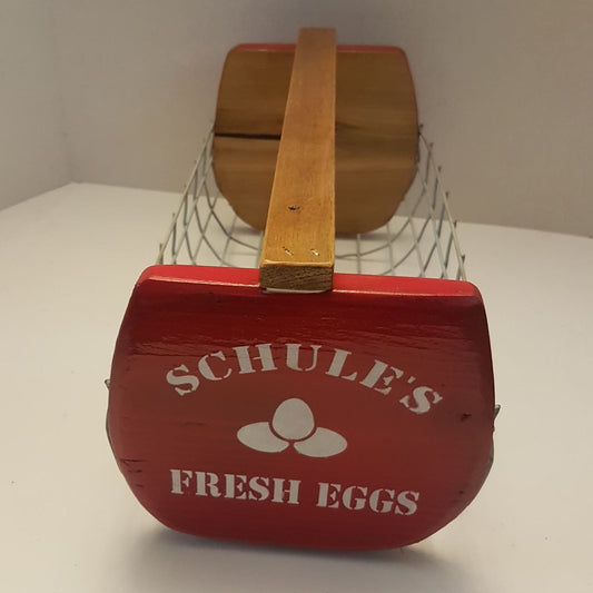 rustic wooden wire egg basket fresh eggs