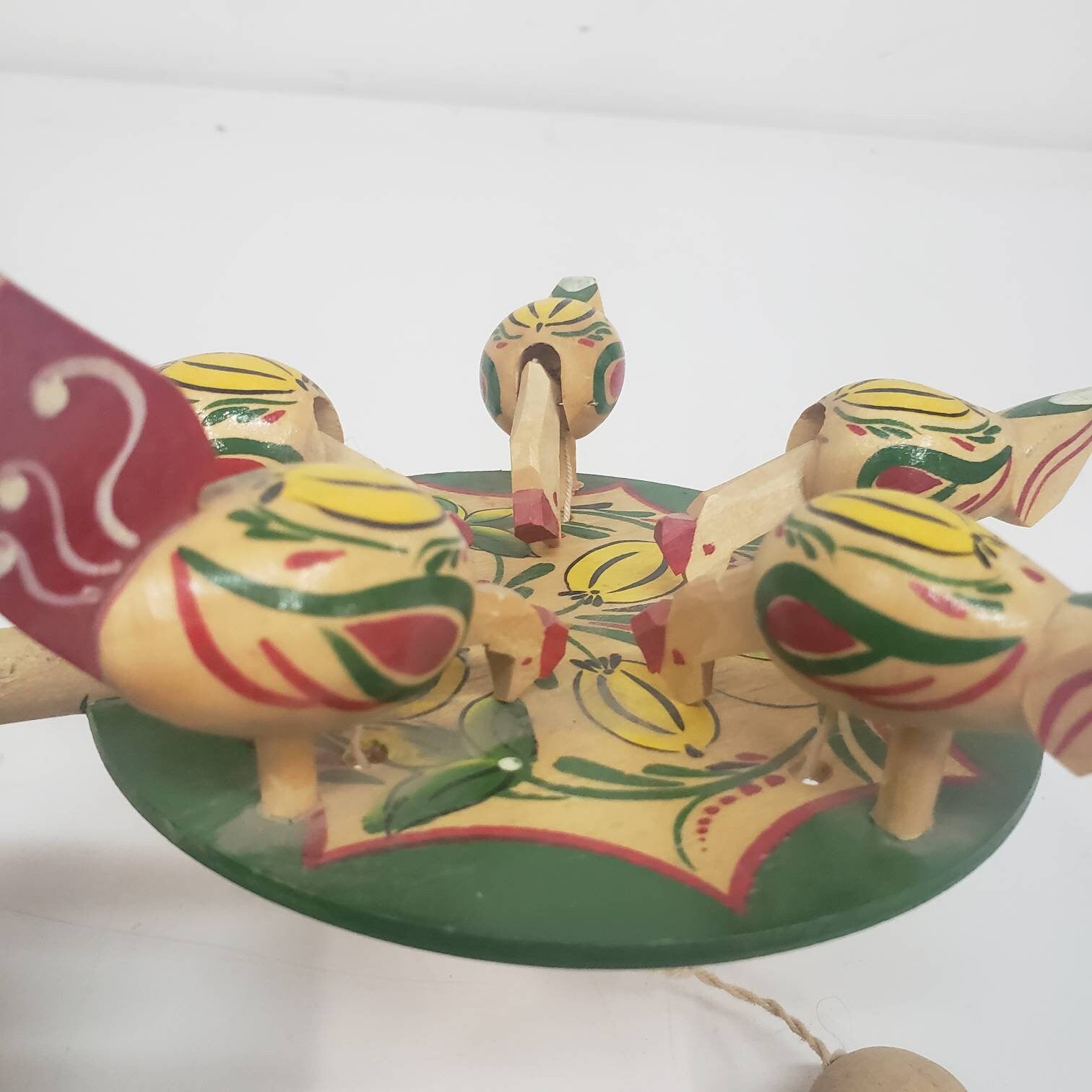 wooden string toy vintage paddle and ball moving chickens