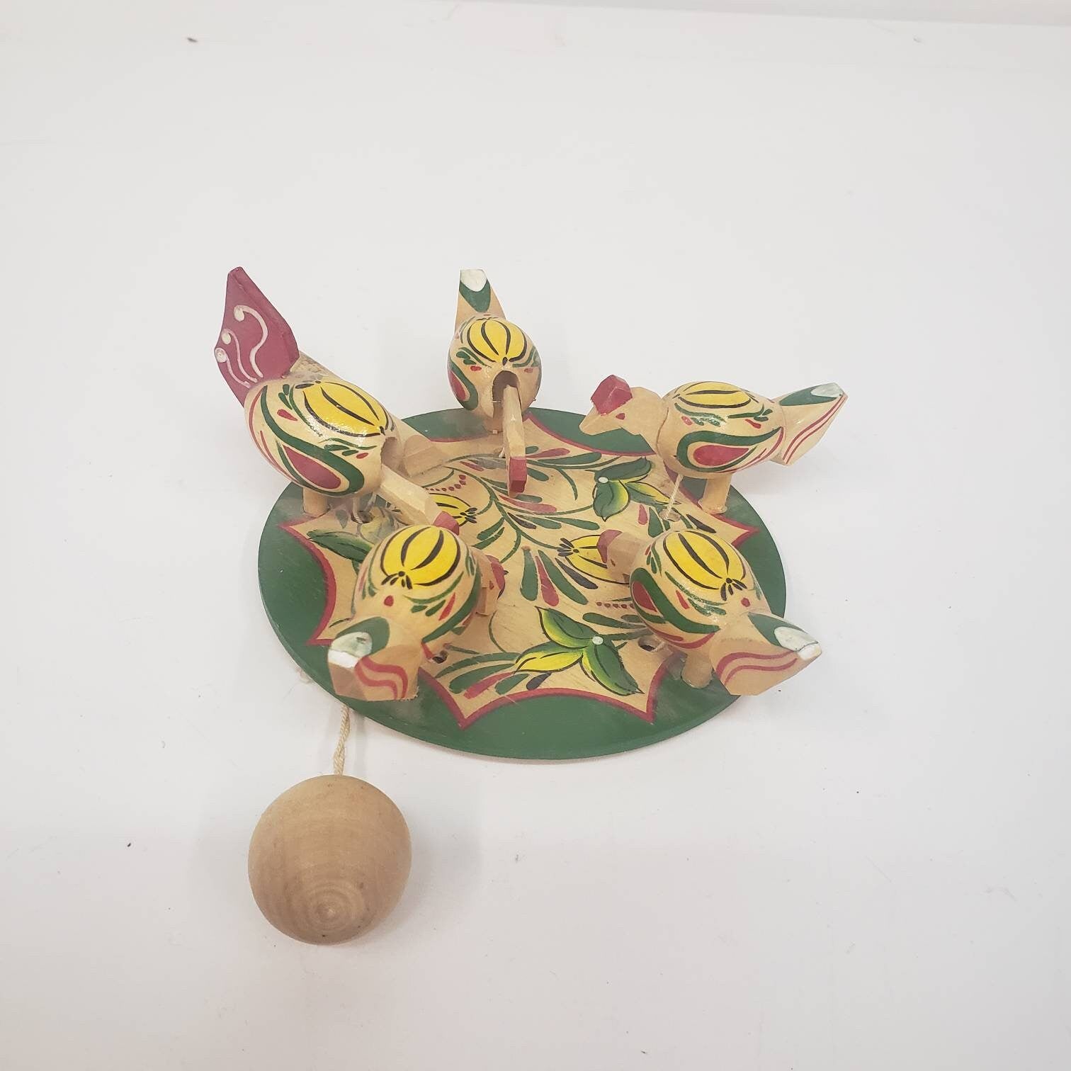 wooden string toy vintage paddle and ball moving chickens