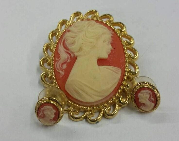 cameo brooch and earring set