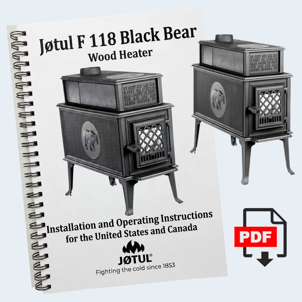Jøtul F 118 Black Bear wood stove manual offered as a printed copy or PDF download
