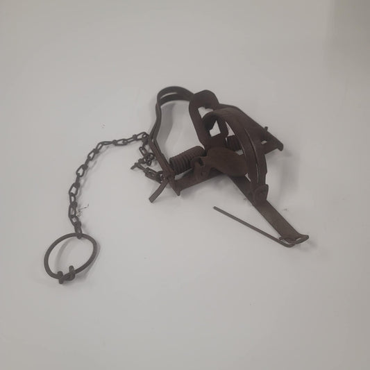Antique Iron Fur Trap with Chain – Early 20th Century Double Spring Trap