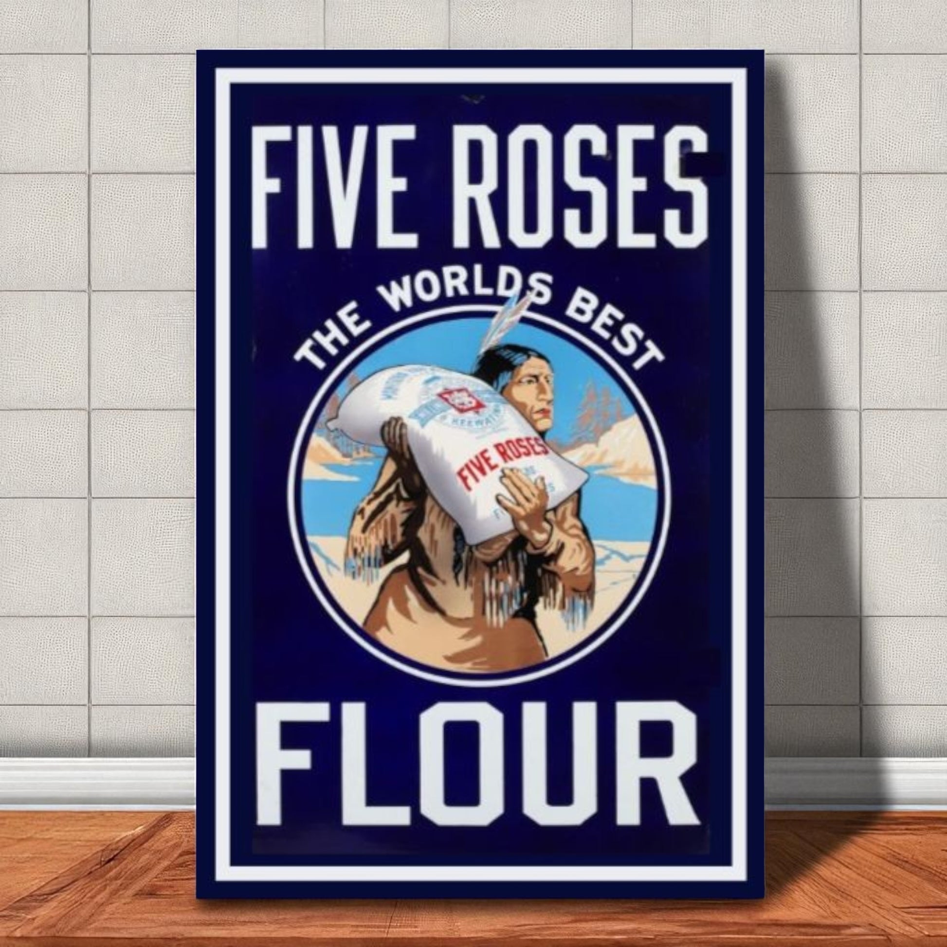 Five Roses flour advertisement poster on a tiled wall