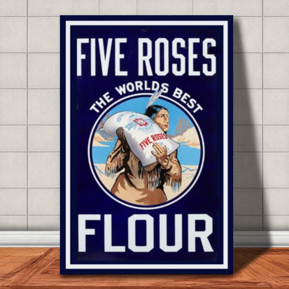 Five Roses flour advertisement poster on a tiled wall