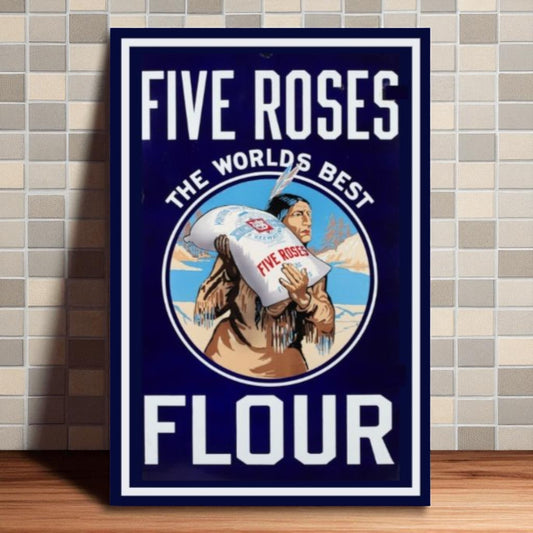 Five Roses flour advertisement on a tiled wall