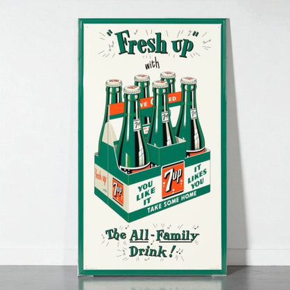 Vintage-style poster advertising 7-Up soda with a green six-pack design.