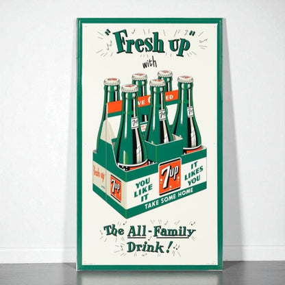 Vintage-style poster advertising 7-Up with a green frame.