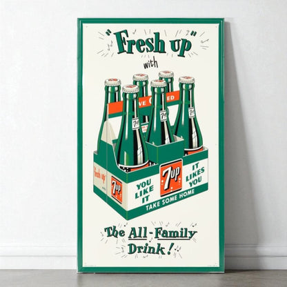 Vintage-style poster advertising 7-Up soda with green frame
