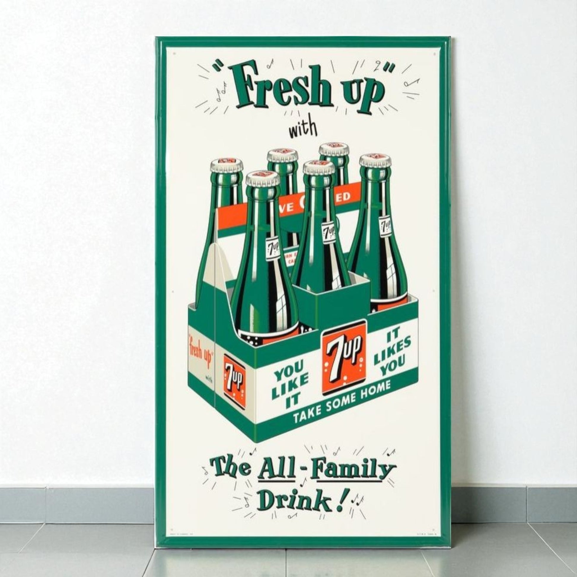 Vintage-style poster advertising 7-Up soda with a green frame.