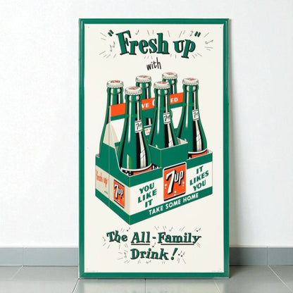 Vintage-style poster advertising 7-Up soda with a green frame.