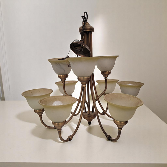 Vintage 9 Light Brass Tube Chandelier Light Fixture