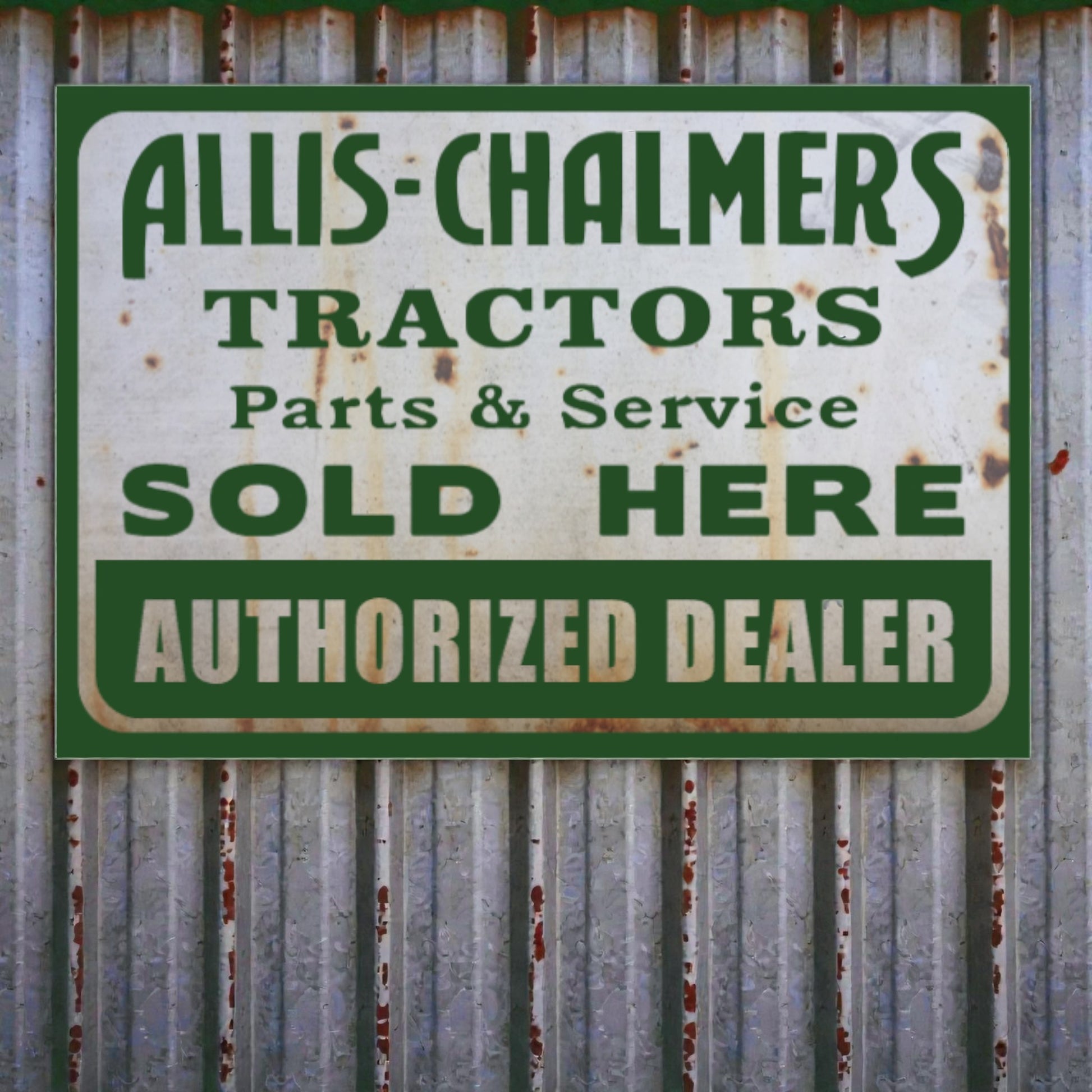 Rustic Allis-Chalmers tractors parts and service sign on a corrugated metal background