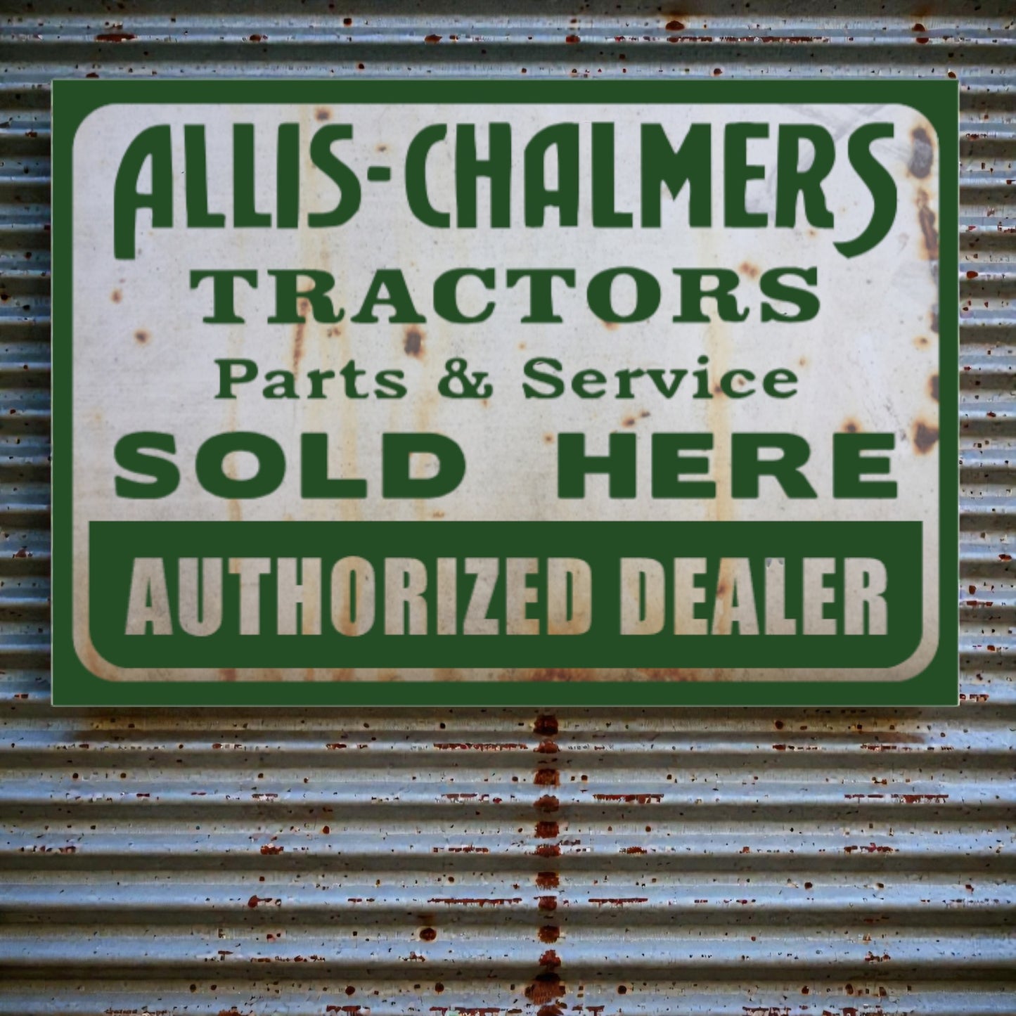 Rusticated sign for Allis-Chalmers tractors parts and service on a metal background