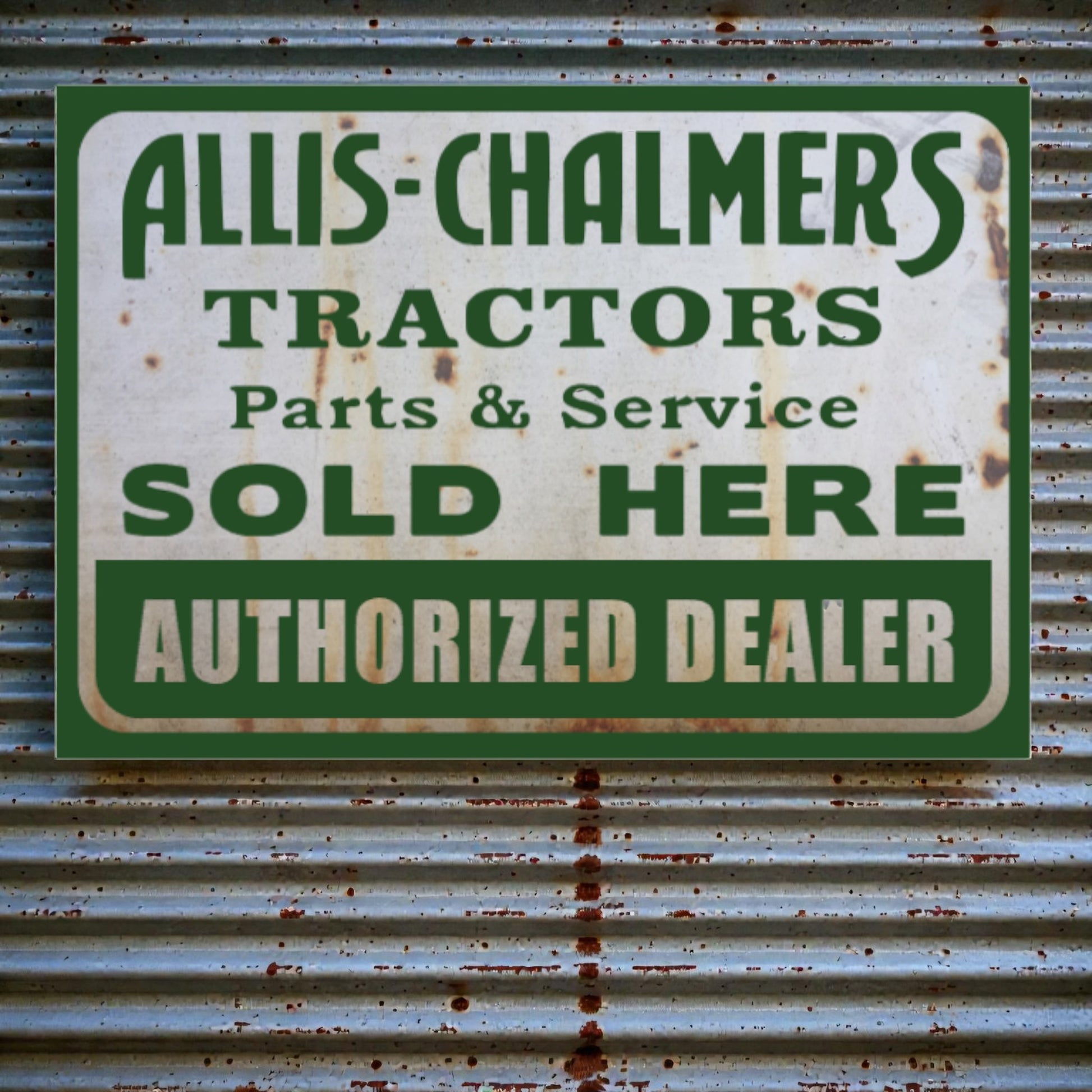 Rusticated sign for Allis-Chalmers tractors parts and service on a metal background