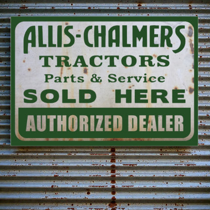 Rusticated sign for Allis-Chalmers tractors parts and service on a metal background