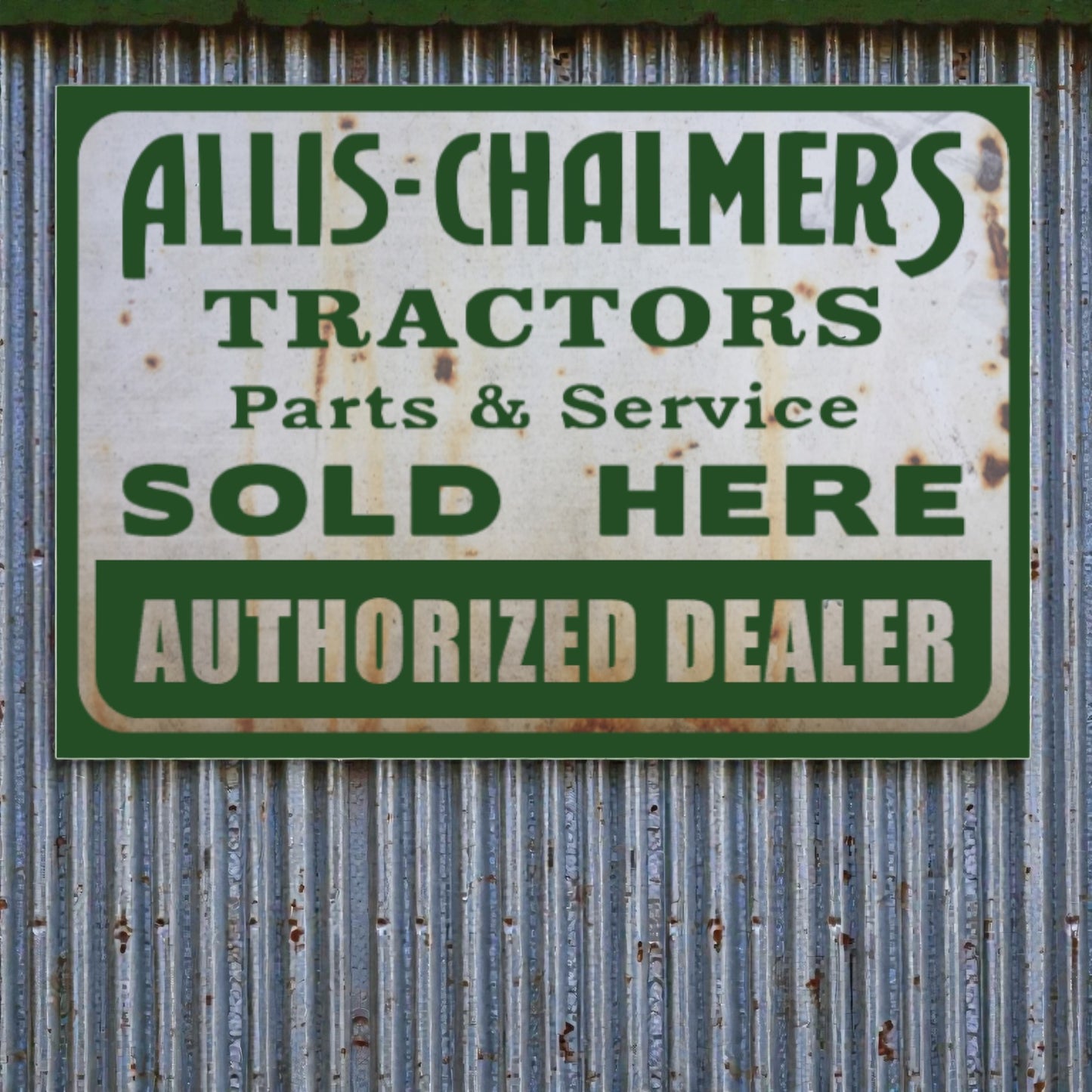 Rustic Allis-Chalmers tractors parts and service sign on a metal wall.