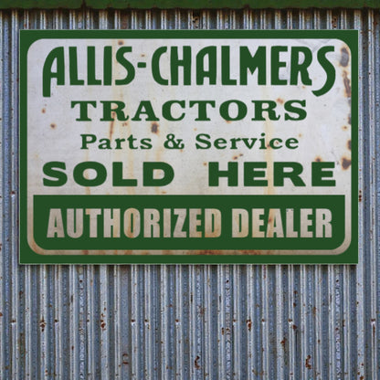 Rustic Allis-Chalmers tractors parts and service sign on a metal wall.